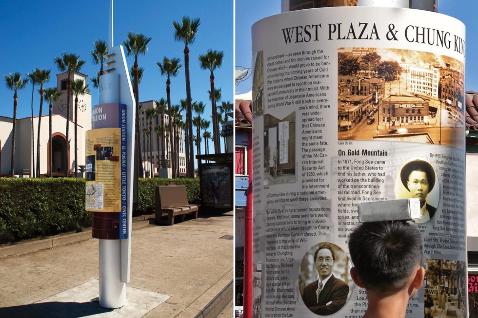 A visual sample of an Angels Walk LA on-sidewalk historic stanchion