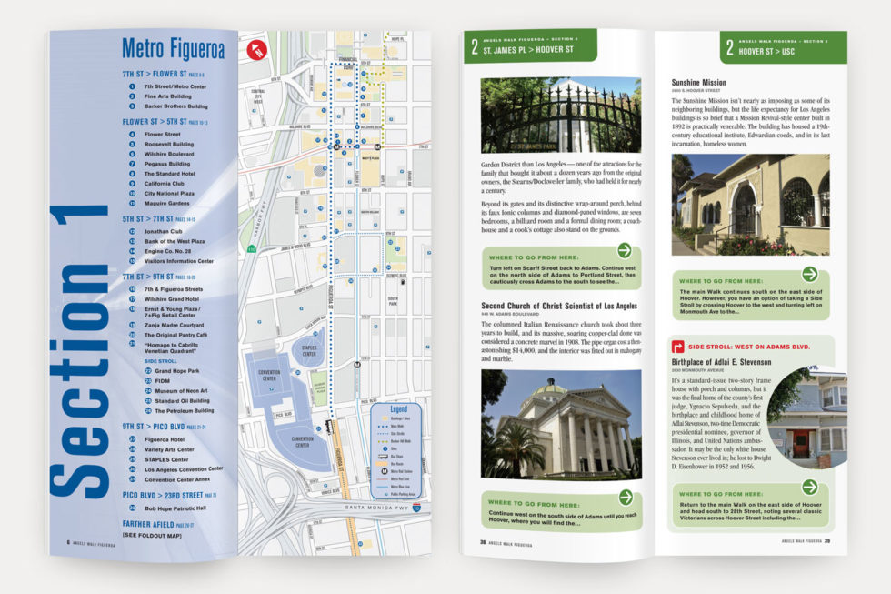 A visual sample of an Angels Walk LA trail map and guidebook pages