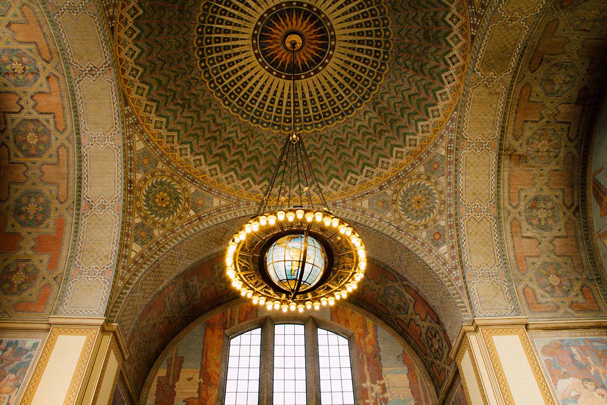 The dramatically beautiful ornate ceiling of the Los Angeles Central Library is a ”must-see" along Angels Walk Bunker Hill Historic Core.